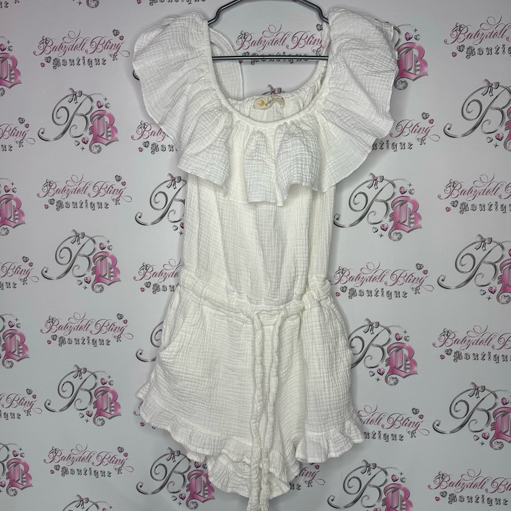 Ocean drive romper shorts off shoulder ruffle frilly waist tie up white cream
